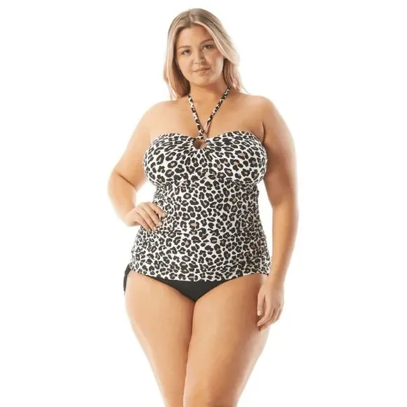 MICHAEL Michael Kors Plus Size Logo-Ring Shirred Tankini Top - Khaki Leopard 16W - Picture 2 of 7